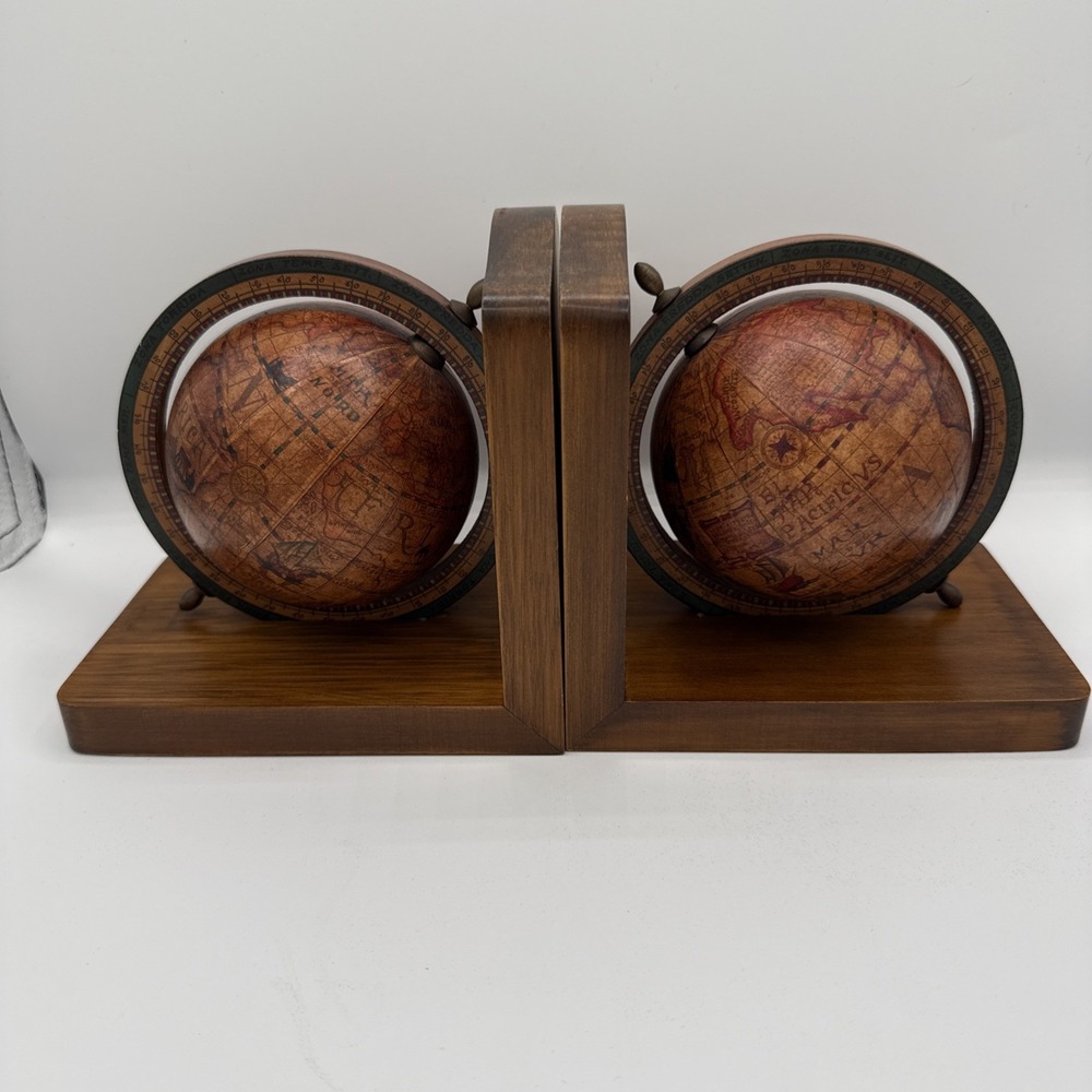 Rotating Globe Bookends Vintage Antique Wooden Old World Made In Italy